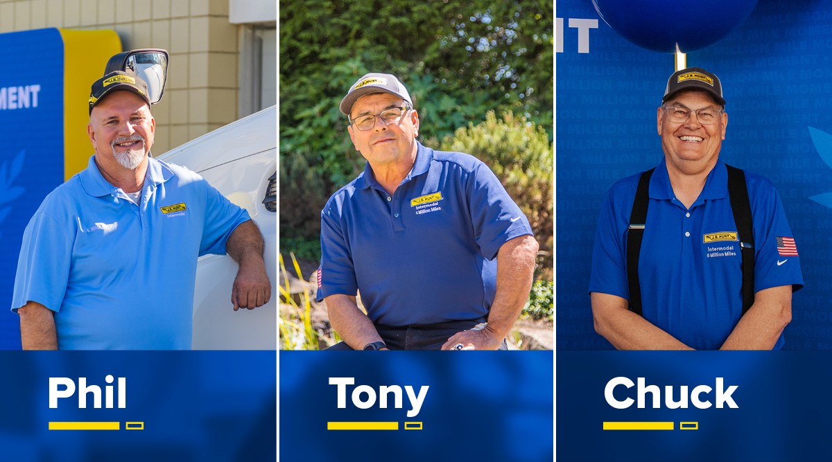 Three J.B. Hunt 5 million mile safe drivers together in a graphic design: Phil, Tony and Chuck.