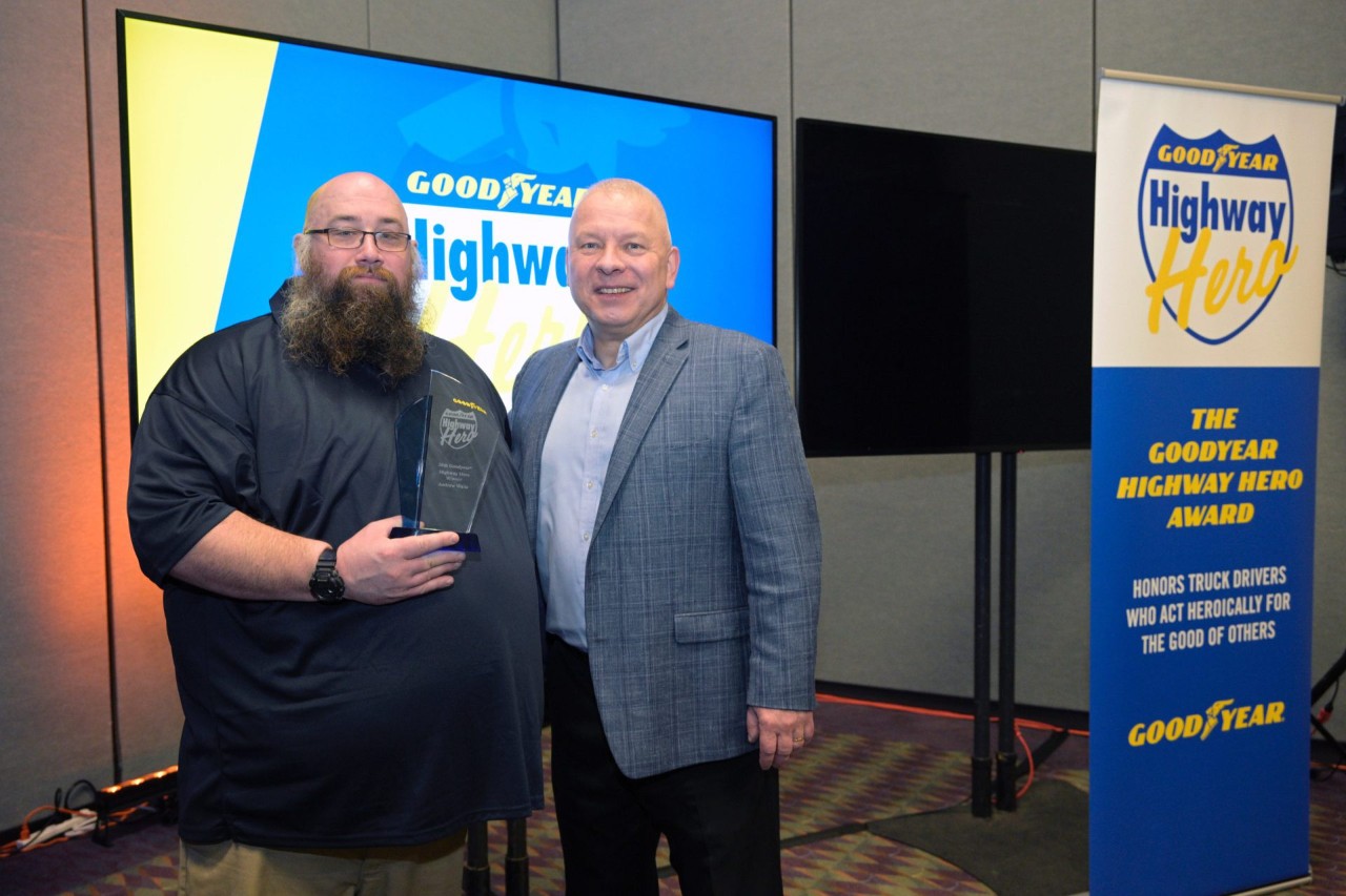 J.B. Hunt Driver, Andrew, accepting the 2022 Goodyear Highway Hero Winner award.