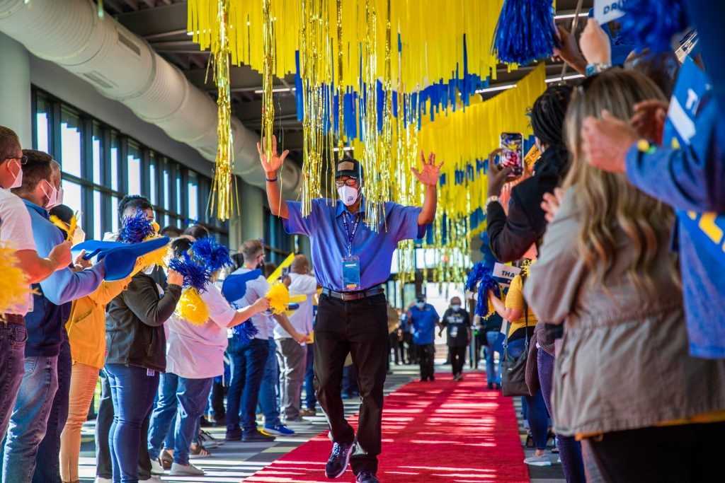 Million mile driver walks the red carpet through J.B. Hunt's headquarters.