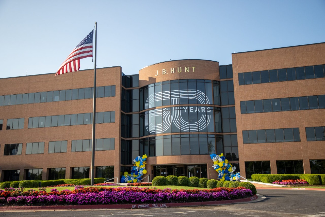 Outside of the J.B. Hunt corporate campus decorated for the Million Mile event
