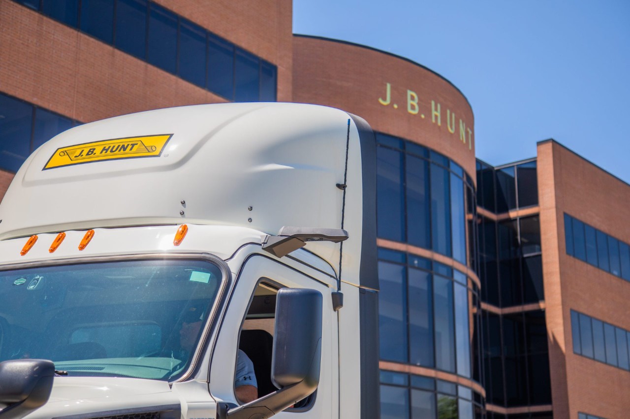 J.B. Hunt truck cab in front of the J.B. Hunt corporate office