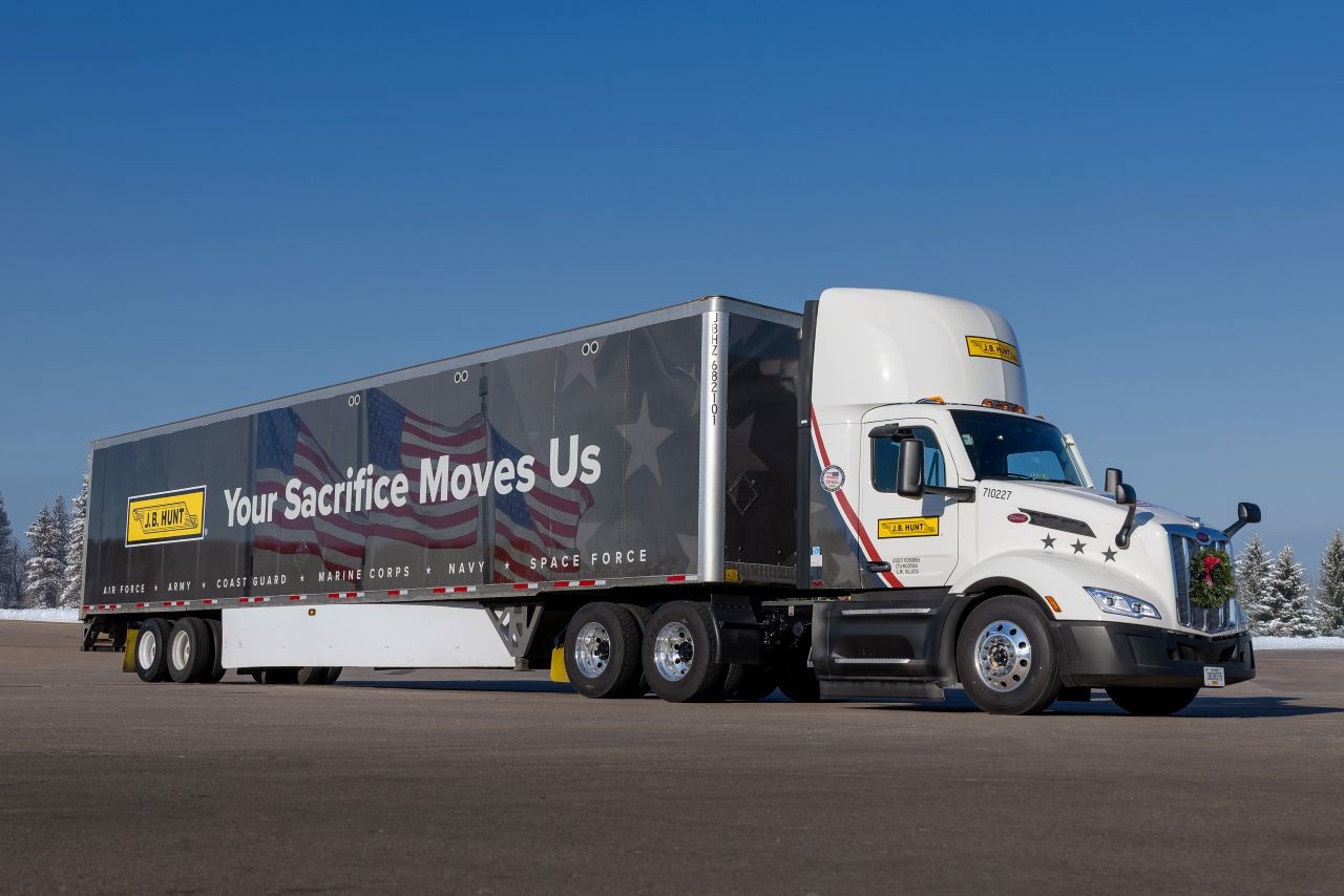 J.B. Hunt wreaths across america truck and trailer parked outside
