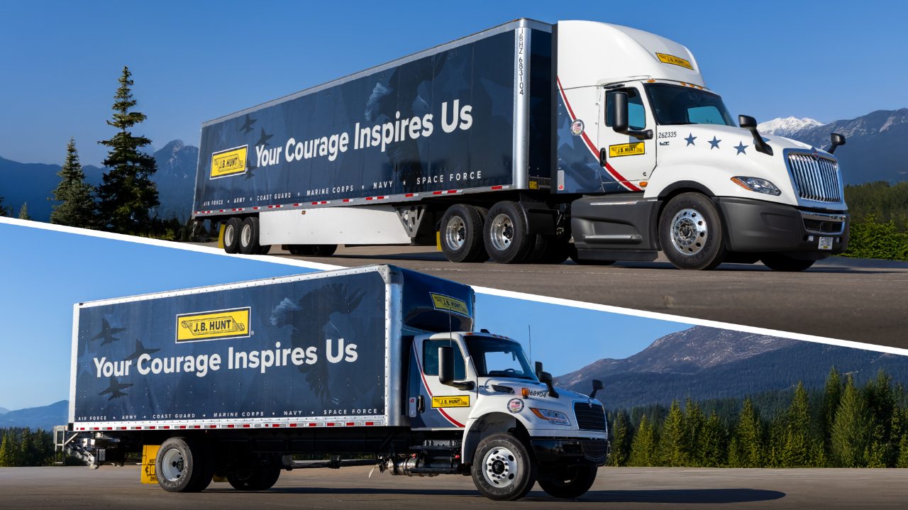 A J.B. Hunt box truck and truck and trailer with a military trailer wrap reading "Your Courage Inspires Us".