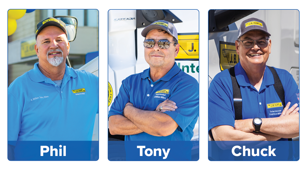 Photo collage of the three J.B. Hunt Intermodal drivers with five million safe miles: Phil, Tony, Chuck.