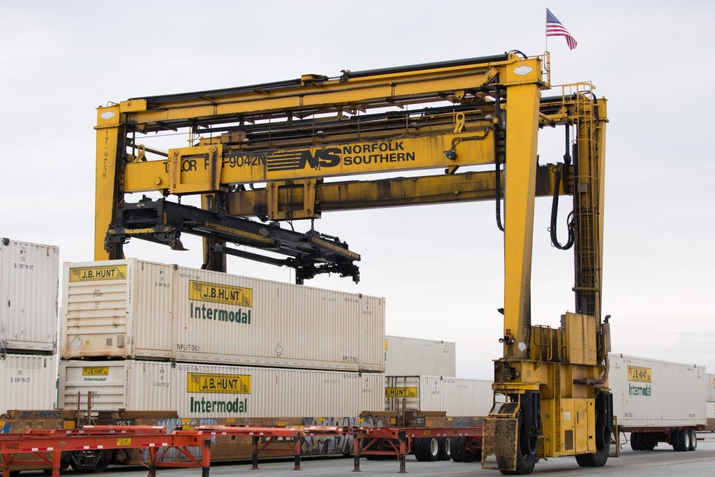 J.B. Hunt intermodal containers at shipping yard.