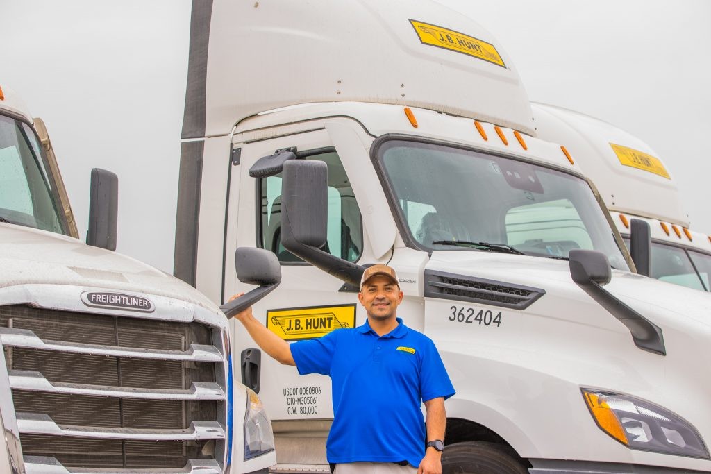 Intermodal driver Dell lays his hand on a J.B. Hunt intermodal day cab.