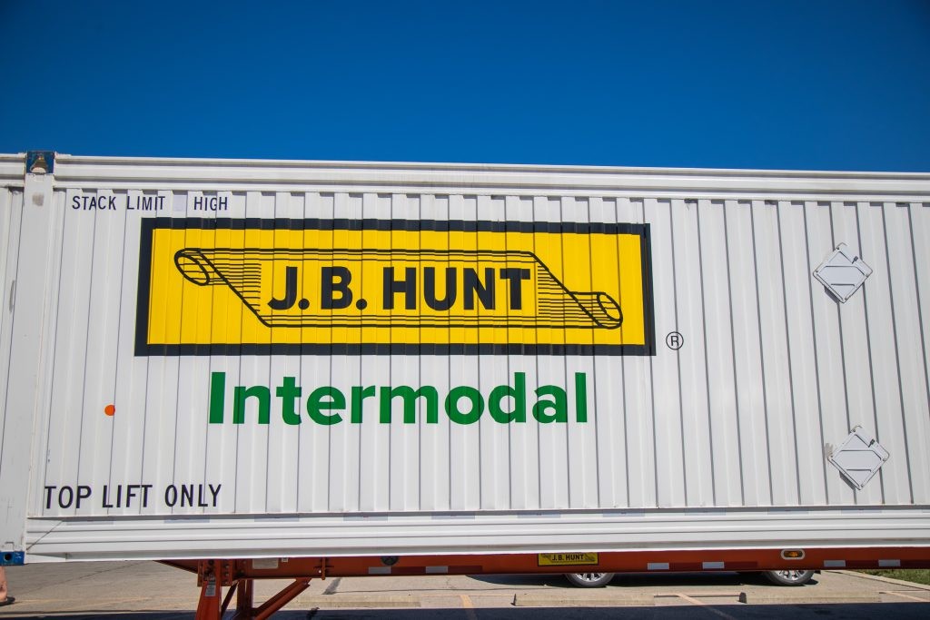 The side of a J.B. Hunt Intermodal container that shows the J.B. Hunt Intermodal logo.