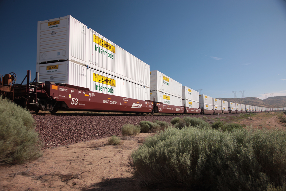 J.B. Hunt Intermodal containers loaded on a train. 