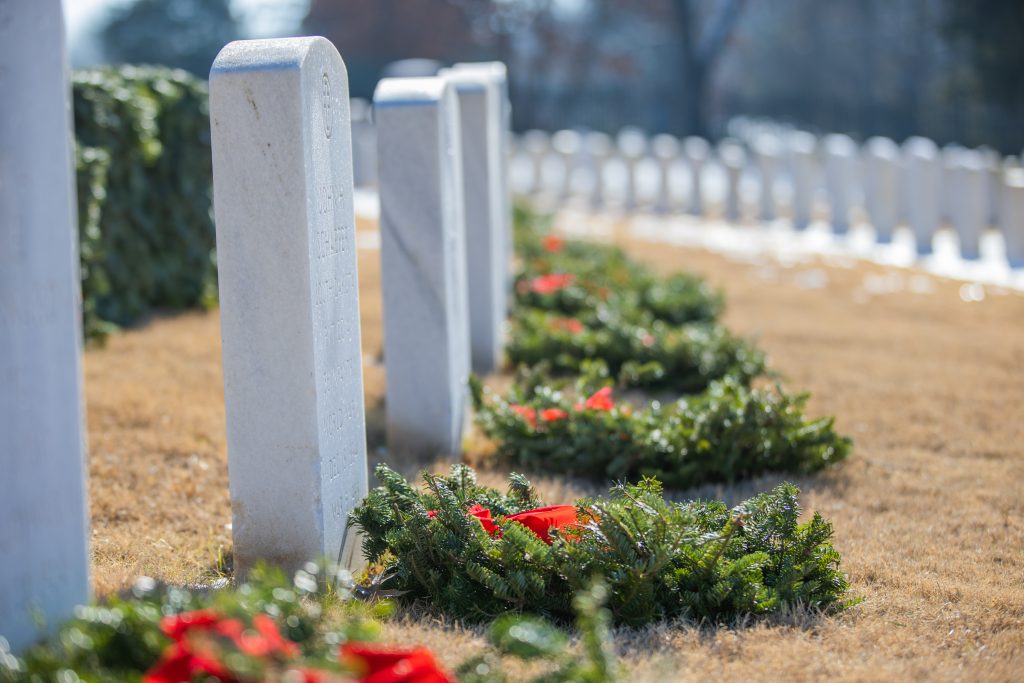 Wreaths placed on graves at the Fayetteville National Cemetery.